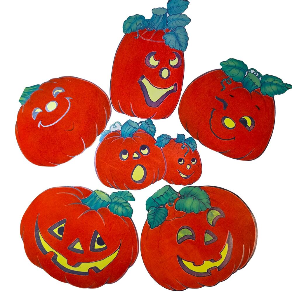 VTG Set Of 6 Flocked Die Cut Pumpkins Jack-O-Lantern Halloween Decor Window